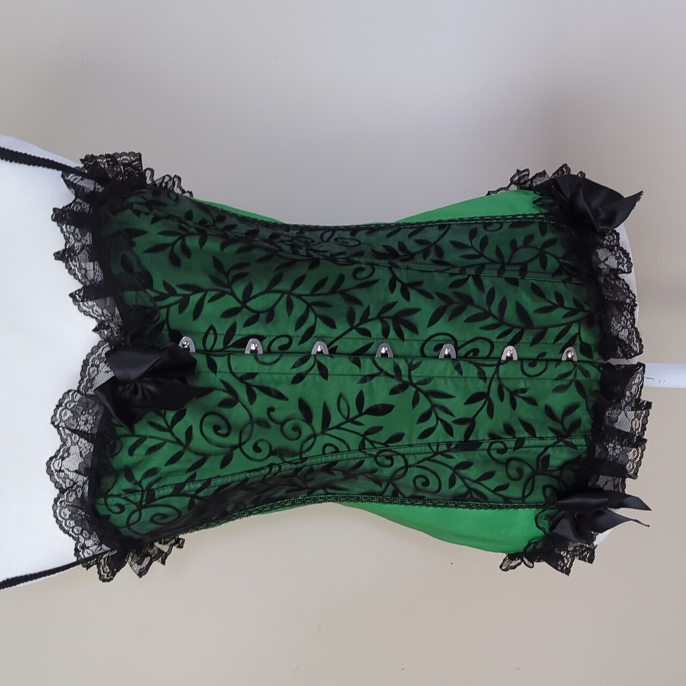 Strapless Lace Ruffle Lace Up Corset With Panty Lingerie Plus 4XL Green Black